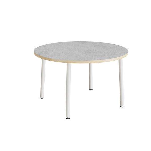Rundt b&oslash;rnebord &Oslash;120cm i lys gr&aring; linoleum p&aring; hvidt stel, h&oslash;jde 72cm