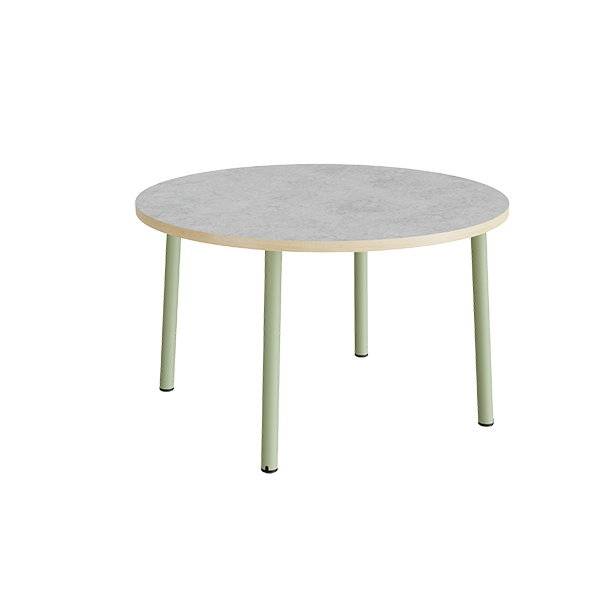 Rundt b&oslash;rnebord &Oslash;120cm i lys gr&aring; linoleum med gr&oslash;nt stel, h&oslash;jde 72cm 