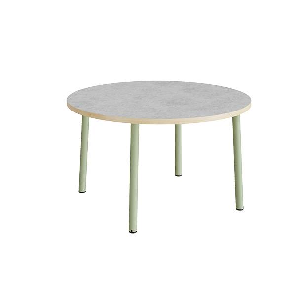 Rundt b&oslash;rnebord &Oslash;120cm i lys gr&aring; linoleum med gr&oslash;nt stel, h&oslash;jde 72cm 