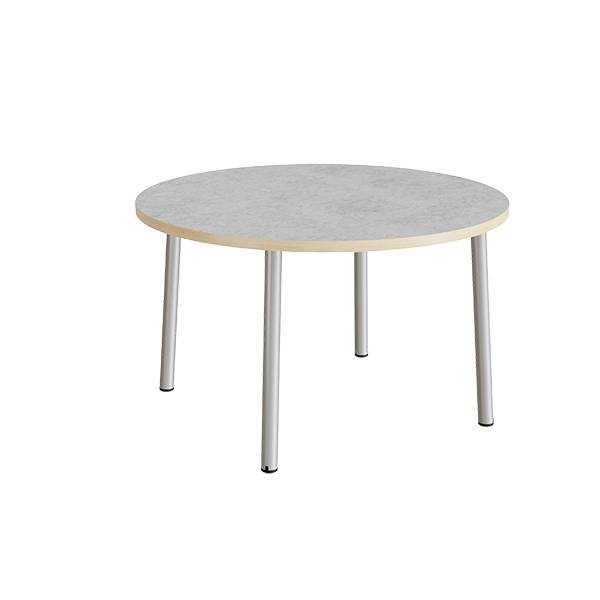 Rundt b&oslash;rnebord &Oslash;120cm i lys gr&aring; linoleum med alugr&aring;t stel, h&oslash;jde 72cm 