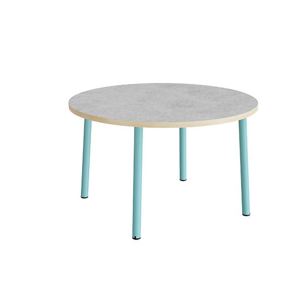 Rundt børnebord Ø120cm i lys grå linoleum med turkis stel, højde 72cm