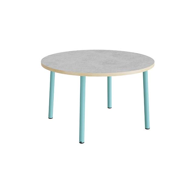 Rundt b&oslash;rnebord &Oslash;120cm i lys gr&aring; linoleum med turkis stel, h&oslash;jde 72cm 