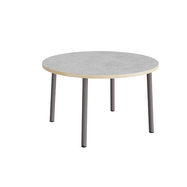 Rundt børnebord Ø120cm i lys grå linoleum med gråt stel, højde 72cm