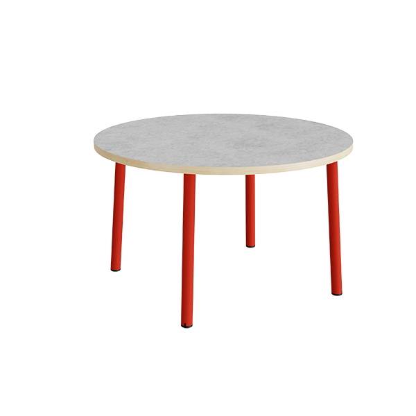 Rundt b&oslash;rnebord &Oslash;120cm i lys gr&aring; linoleum med r&oslash;dt stel, h&oslash;jde 72cm 