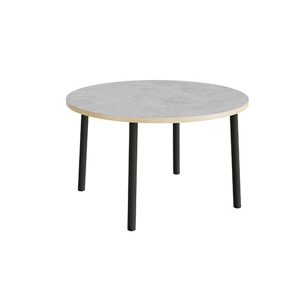 Rundt b&oslash;rnebord &Oslash;120cm i lys gr&aring; linoleum med sort stel, h&oslash;jde 72cm 
