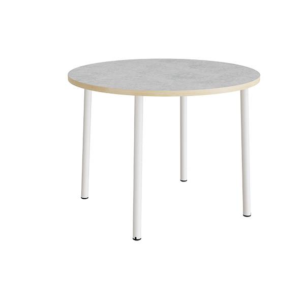 Rundt b&oslash;rnebord &Oslash;120cm i lys gr&aring; linoleum p&aring; hvidt stel, h&oslash;jde 90cm