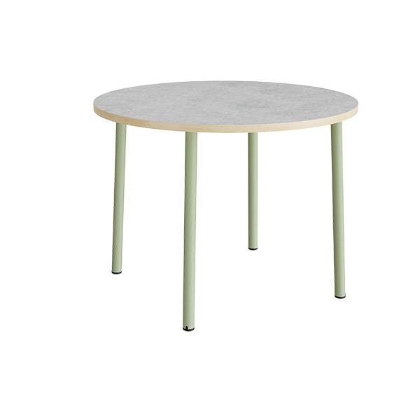 Rundt b&oslash;rnebord &Oslash;120cm i lys gr&aring; linoleum med gr&oslash;nt stel, h&oslash;jde 90cm 