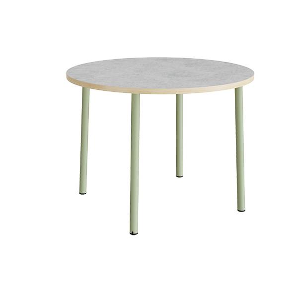 Rundt b&oslash;rnebord &Oslash;120cm i lys gr&aring; linoleum med gr&oslash;nt stel, h&oslash;jde 90cm 