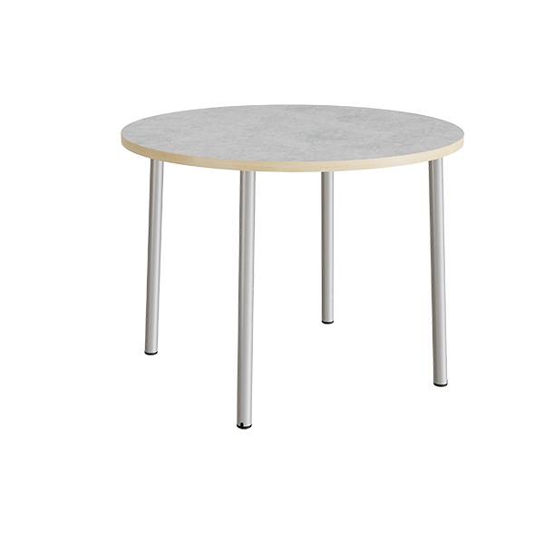 Rundt b&oslash;rnebord &Oslash;120cm i lys gr&aring; linoleum med alugr&aring;t stel, h&oslash;jde 90cm