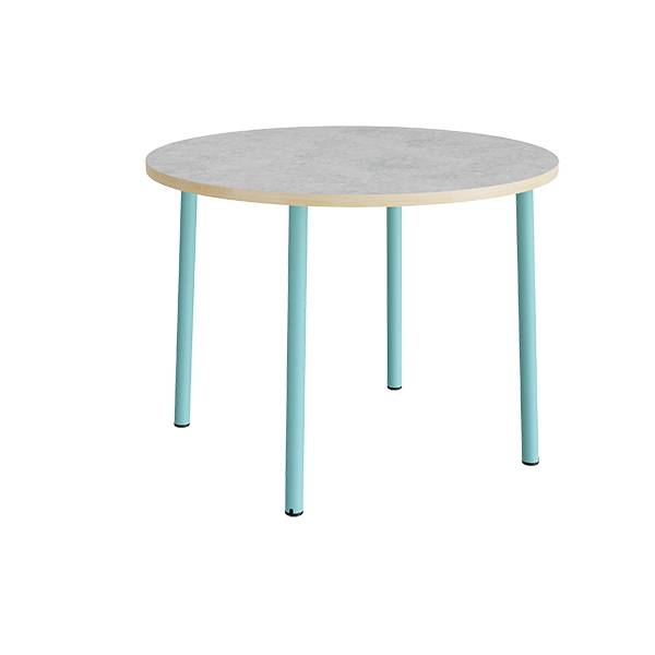 Rundt b&oslash;rnebord &Oslash;120cm i lys gr&aring; linoleum med turkis stel, h&oslash;jde 90cm