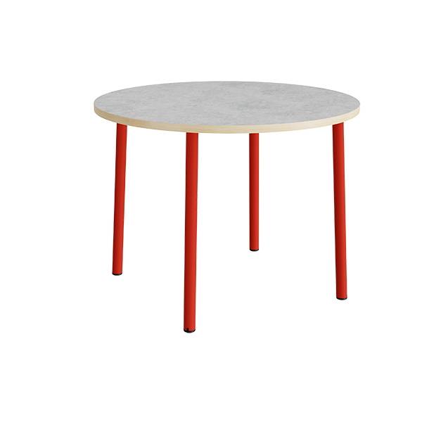 Rundt b&oslash;rnebord &Oslash;120cm i lys gr&aring; linoleum med r&oslash;dt stel, h&oslash;jde 90cm 