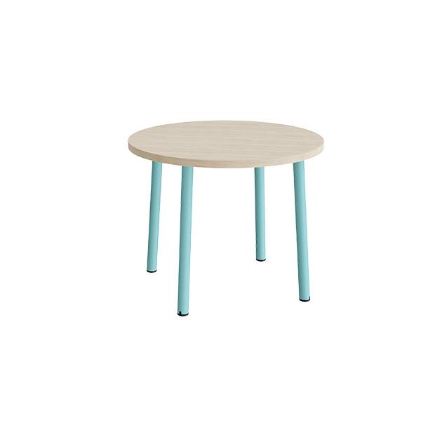 Rundt børnebord Ø90cm i lyddæmpende hvidpigmenteret eg laminat med turkis stel, højde 72cm