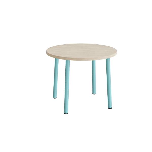 Rundt b&oslash;rnebord &Oslash;90cm i lydd&aelig;mpende hvidpigmenteret eg laminat med turkis stel, h&oslash;jde 72cm 