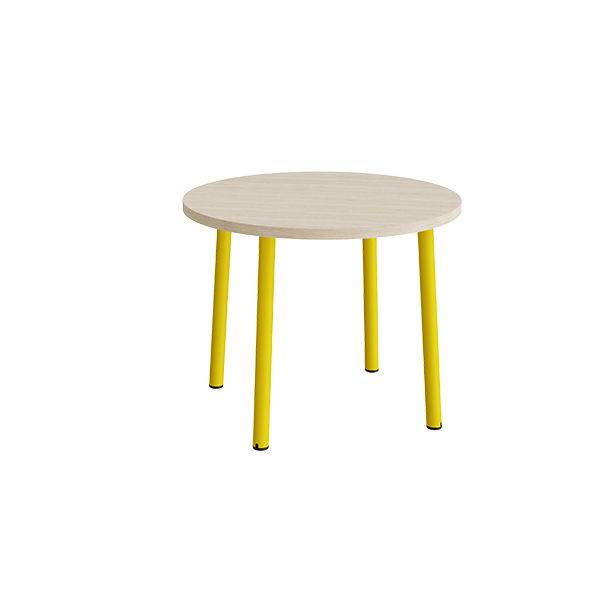 Rundt b&oslash;rnebord &Oslash;90cm i lydd&aelig;mpende hvidpigmenteret eg laminat med gult stel, h&oslash;jde 72cm 