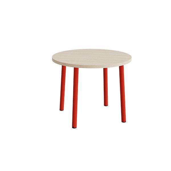 Rundt b&oslash;rnebord &Oslash;90cm i lydd&aelig;mpende hvidpigmenteret eg laminat med r&oslash;dt stel, h&oslash;jde 72cm 