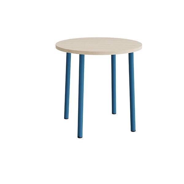 Rundt b&oslash;rnebord &Oslash;90cm i lydd&aelig;mpende hvidpigmenteret eg laminat med bl&aring;t stel, h&oslash;jde 90cm
