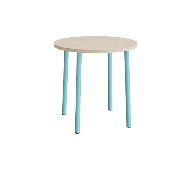 Rundt børnebord Ø90cm i lyddæmpende hvidpigmenteret eg laminat med turkis stel, højde 90cm