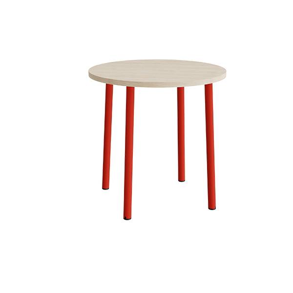 Rundt b&oslash;rnebord &Oslash;90cm i lydd&aelig;mpende hvidpigmenteret eg laminat med r&oslash;dt stel, h&oslash;jde 90cm 
