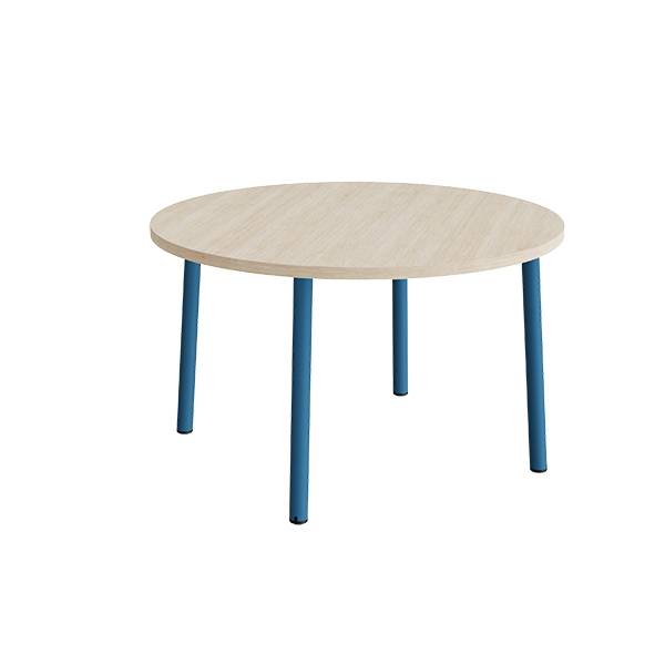 Rundt b&oslash;rnebord &Oslash;120cm i lydd&aelig;mpende hvidpigmenteret eg laminat med bl&aring;t stel, h&oslash;jde 72cm 