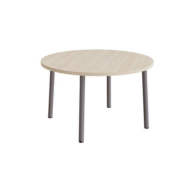 Rundt b&oslash;rnebord &Oslash;120cm i lydd&aelig;mpende hvidpigmenteret eg laminat med gr&aring;t stel, h&oslash;jde 72cm 