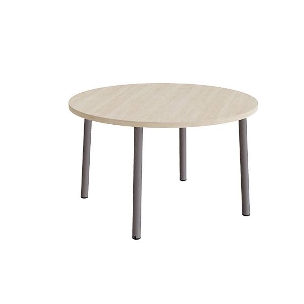 Rundt b&oslash;rnebord &Oslash;120cm i lydd&aelig;mpende hvidpigmenteret eg laminat med gr&aring;t stel, h&oslash;jde 72cm 