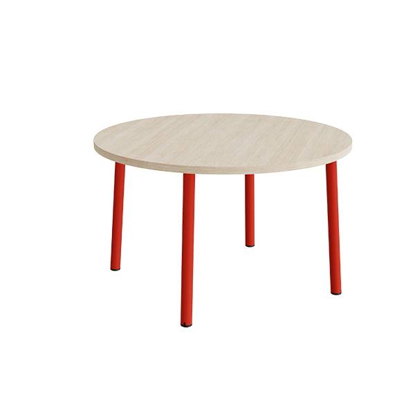 Rundt b&oslash;rnebord &Oslash;120cm i lydd&aelig;mpende hvidpigmenteret eg laminat med r&oslash;dt stel, h&oslash;jde 72cm 