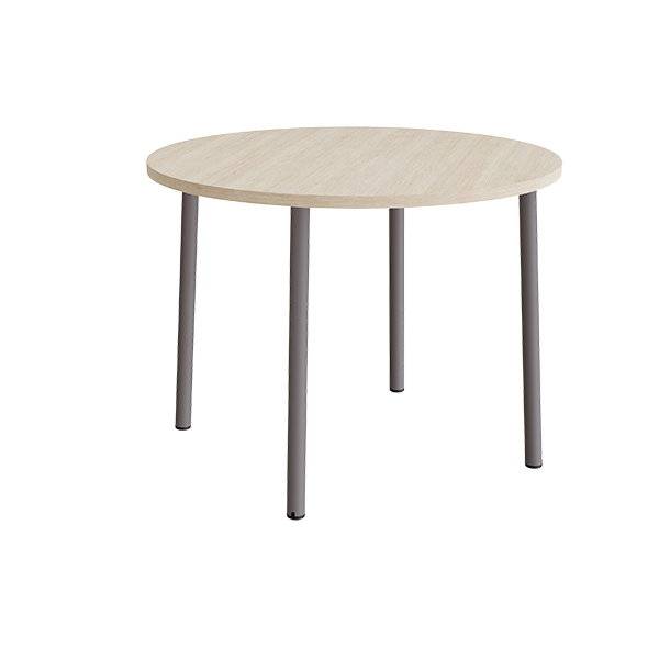 Rundt b&oslash;rnebord &Oslash;120cm i lydd&aelig;mpende hvidpigmenteret eg laminat med gr&aring;t stel, h&oslash;jde 90cm