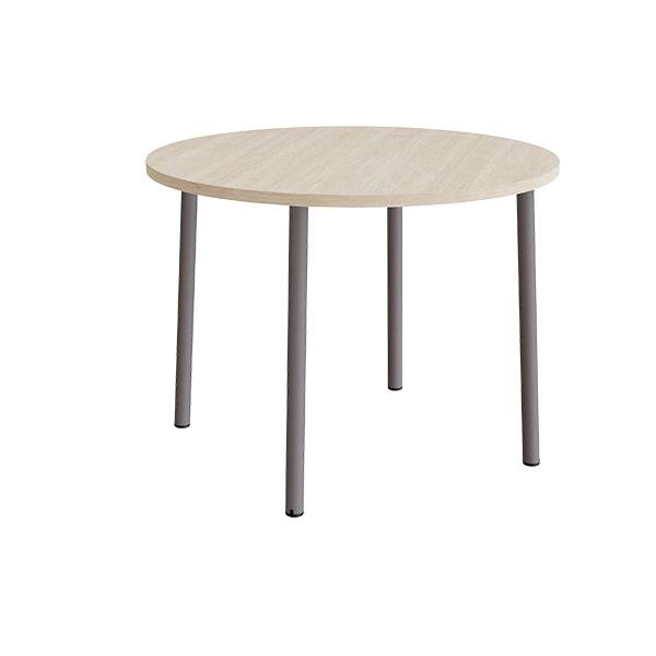 Rundt b&oslash;rnebord &Oslash;120cm i lydd&aelig;mpende hvidpigmenteret eg laminat med gr&aring;t stel, h&oslash;jde 90cm