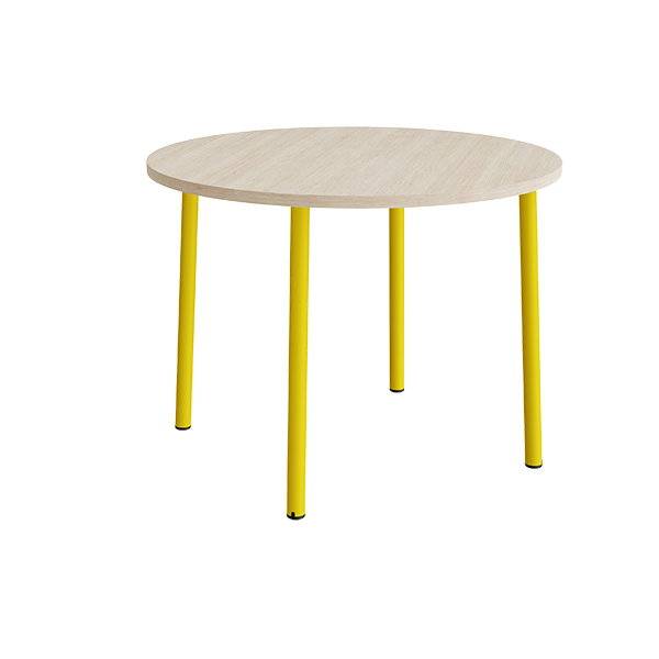 Rundt b&oslash;rnebord &Oslash;120cm i lydd&aelig;mpende hvidpigmenteret eg laminat med gult stel, h&oslash;jde 90cm 