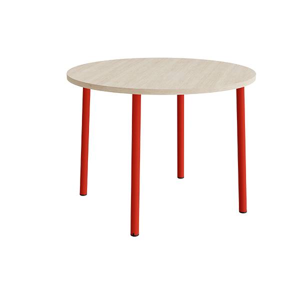 Rundt b&oslash;rnebord &Oslash;120cm i lydd&aelig;mpende hvidpigmenteret eg laminat med r&oslash;dt stel, h&oslash;jde 90cm 