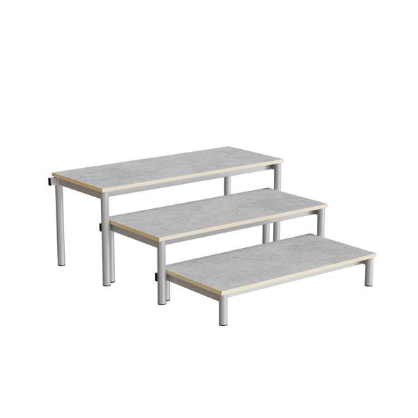 Idol b&aelig;nk med 3 trappe sektioner i lys gr&aring; linoleum og alugr&aring;t stel 