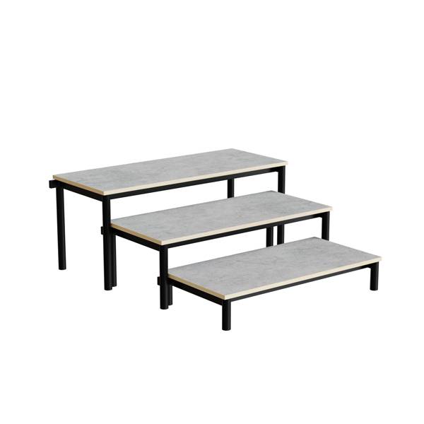 Idol b&aelig;nk med 3 trappe sektioner i lys gr&aring; linoleum og sort stel 