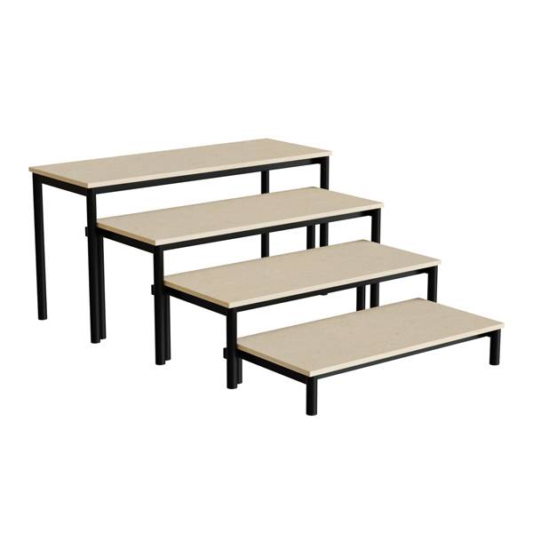 Idol b&aelig;nk med 4 trappe sektioner i beige linoleum og sort stel 