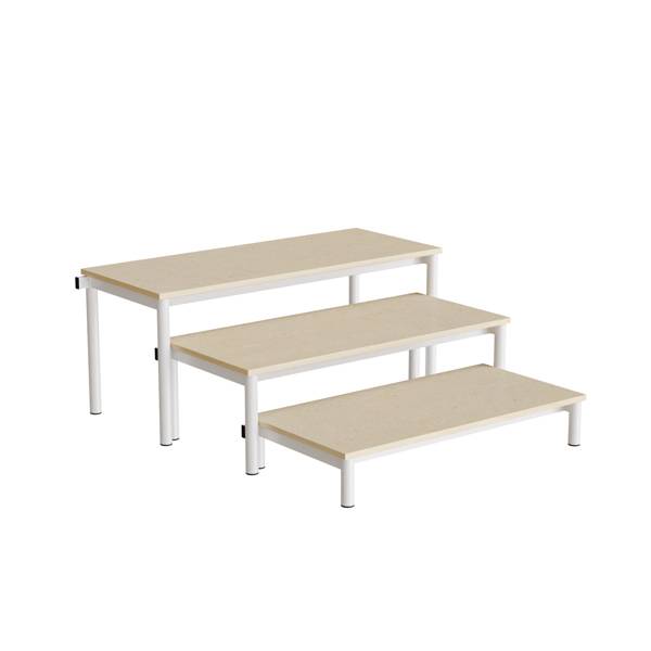 Idol bænk med 3 trappe sektioner i beige linoleum og hvidt stel 