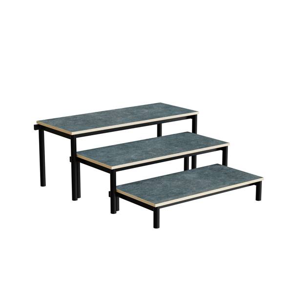 Idol b&aelig;nk med 3 trappe sektioner i m&oslash;rk gr&aring; linoleum og sort stel 