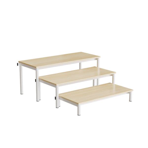 Idol b&aelig;nk med 3 trappe sektioner i birk laminat og hvidt stel 