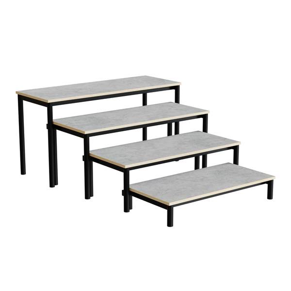 Idol b&aelig;nk med 4 trappe sektioner i lys gr&aring; linoleum og sort stel 