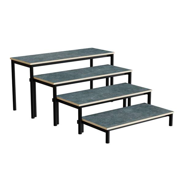 Idol b&aelig;nk med 4 trappe sektioner i m&oslash;rk gr&aring; linoleum og sort stel 