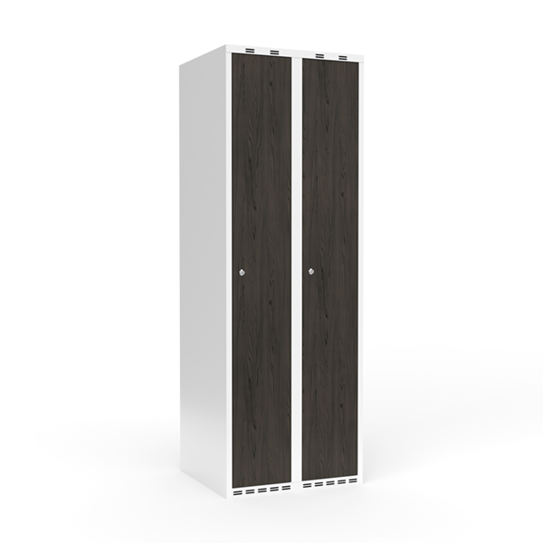 Garderobeskab 2x300mm med lige tag, døre i nocturne wood med cylinderlåse