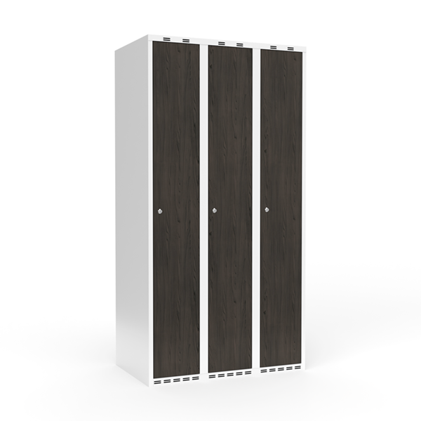 Garderobeskab 3x300mm med lige tag, d&oslash;re i nocturne wood med cylinderl&aring;se