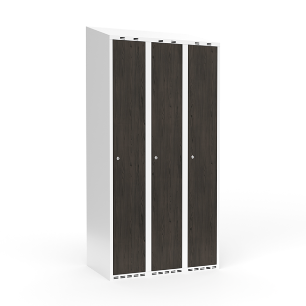 Garderobeskab 3x300mm med skråt tag, døre i nocturne wood med cylinderlåse