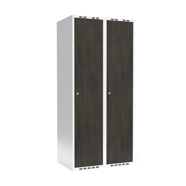 Garderobeskab 2x400mm med lige tag, døre i nocturne wood med cylinderlåse