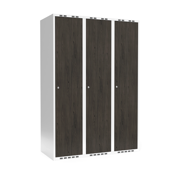 Garderobeskab 3x400mm med lige tag, døre i nocturne wood med cylinderlåse