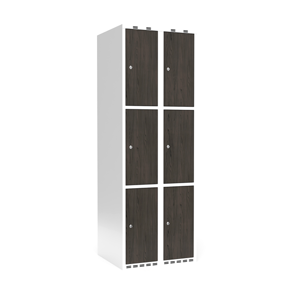 Garderobeskab 2x300mm, lige tag, 3 døre pr. søjle i nocturne wood med cylinderlås