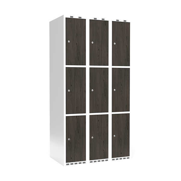 Garderobeskab 3x300mm, lige tag, 3 d&oslash;re pr. s&oslash;jle i nocturne wood med cylinderl&aring;s