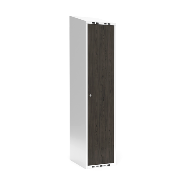 Garderobeskab 1x400mm med skråt tag, dør i nocturne wood med cylinderlås