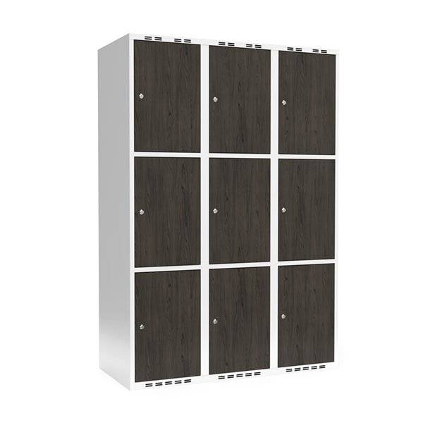 Garderobeskab 3x400mm, lige tag, 3 døre pr. søjle i nocturne wood med cylinderlås
