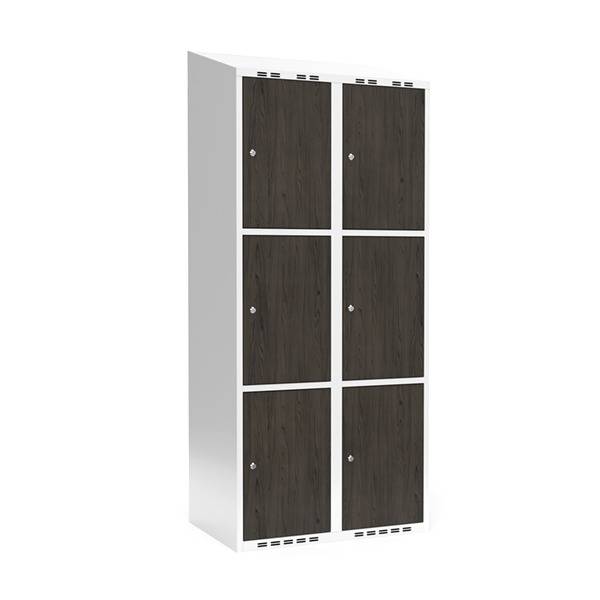 Garderobeskab 2x400mm, skr&aring;t tag, 3 d&oslash;re pr. s&oslash;jle i nocturne wood med cylinderl&aring;s