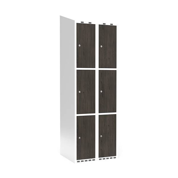 Garderobeskab 2x300mm, skråt tag, 3 døre pr. søjle i nocturne wood med cylinderlås