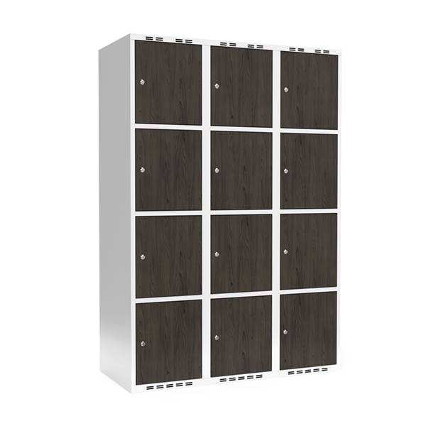 Garderobeskab 3x400mm, lige tag, 4 d&oslash;re pr. s&oslash;jle i nocturne wood med cylinderl&aring;s